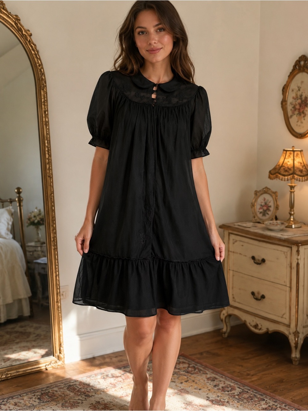 60s Vintage Nylon Floral Embroidery Black Puff-Sleeve Nightdress - Picture 1 of 7